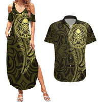 New Zealand Skull Darts Couples Matching Summer Maxi Dress and Hawaiian Shirt Aotearoa Maori Chest Tattoo Stylized Gold LT14 Gold - Polynesian Pride
