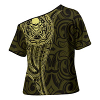 New Zealand Skull Darts Cross Shoulder Shirt Aotearoa Maori Chest Tattoo Stylized Gold - Polynesian Pride