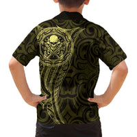 New Zealand Skull Darts Family Matching Off The Shoulder Long Sleeve Dress and Hawaiian Shirt Aotearoa Maori Chest Tattoo Stylized Gold LT14 - Polynesian Pride
