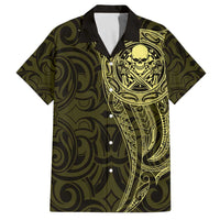 New Zealand Skull Darts Family Matching Off The Shoulder Long Sleeve Dress and Hawaiian Shirt Aotearoa Maori Chest Tattoo Stylized Gold LT14 Dad's Shirt - Short Sleeve Gold - Polynesian Pride