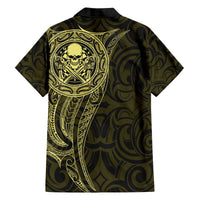 New Zealand Skull Darts Family Matching Off The Shoulder Long Sleeve Dress and Hawaiian Shirt Aotearoa Maori Chest Tattoo Stylized Gold LT14 - Polynesian Pride