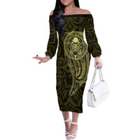 New Zealand Skull Darts Family Matching Off The Shoulder Long Sleeve Dress and Hawaiian Shirt Aotearoa Maori Chest Tattoo Stylized Gold LT14 Mom's Dress Gold - Polynesian Pride