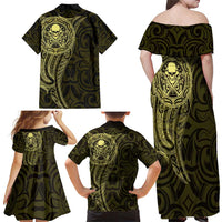 New Zealand Skull Darts Family Matching Off Shoulder Maxi Dress and Hawaiian Shirt Aotearoa Maori Chest Tattoo Stylized Gold LT14 - Polynesian Pride