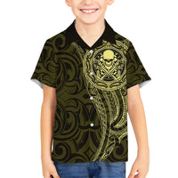 New Zealand Skull Darts Family Matching Off Shoulder Short Dress and Hawaiian Shirt Aotearoa Maori Chest Tattoo Stylized Gold LT14 Son's Shirt Gold - Polynesian Pride