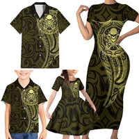 New Zealand Skull Darts Family Matching Short Sleeve Bodycon Dress and Hawaiian Shirt Aotearoa Maori Chest Tattoo Stylized Gold LT14 - Polynesian Pride