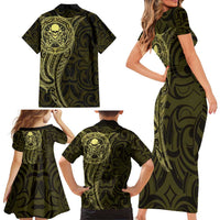 New Zealand Skull Darts Family Matching Short Sleeve Bodycon Dress and Hawaiian Shirt Aotearoa Maori Chest Tattoo Stylized Gold LT14 - Polynesian Pride