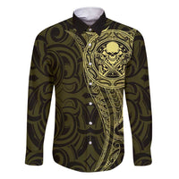 New Zealand Skull Darts Family Matching Short Sleeve Bodycon Dress and Hawaiian Shirt Aotearoa Maori Chest Tattoo Stylized Gold LT14 Dad's Shirt - Long Sleeve Gold - Polynesian Pride