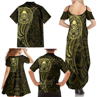 New Zealand Skull Darts Family Matching Summer Maxi Dress and Hawaiian Shirt Aotearoa Maori Chest Tattoo Stylized Gold LT14 - Polynesian Pride