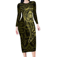 New Zealand Skull Darts Long Sleeve Bodycon Dress Aotearoa Maori Chest Tattoo Stylized Gold LT14 Long Dress Gold - Polynesian Pride