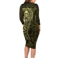 New Zealand Skull Darts Long Sleeve Bodycon Dress Aotearoa Maori Chest Tattoo Stylized Gold LT14 - Polynesian Pride