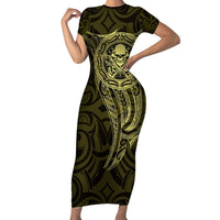 New Zealand Skull Darts Short Sleeve Bodycon Dress Aotearoa Maori Chest Tattoo Stylized Gold LT14 Long Dress Gold - Polynesian Pride