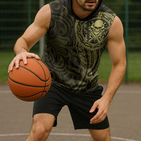 New Zealand Skull Darts Sleeveless Hoodie Aotearoa Maori Chest Tattoo Stylized Gold - Polynesian Pride