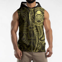 New Zealand Skull Darts Sleeveless Zip Hoodie Aotearoa Maori Chest Tattoo Stylized Gold - Polynesian Pride