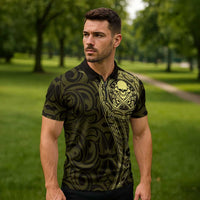 New Zealand Skull Darts Zipper Polo Shirt Aotearoa Maori Chest Tattoo Stylized Gold - Polynesian Pride