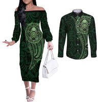New Zealand Skull Darts Couples Matching Off The Shoulder Long Sleeve Dress and Long Sleeve Button Shirt Aotearoa Maori Chest Tattoo Stylized Green - Polynesian Pride