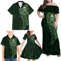 New Zealand Skull Darts Family Matching Off Shoulder Maxi Dress and Hawaiian Shirt Aotearoa Maori Chest Tattoo Stylized Green - Polynesian Pride