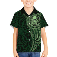 New Zealand Skull Darts Family Matching Off Shoulder Maxi Dress and Hawaiian Shirt Aotearoa Maori Chest Tattoo Stylized Green - Polynesian Pride