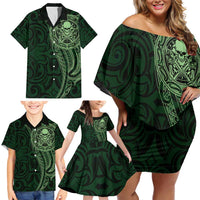 New Zealand Skull Darts Family Matching Off Shoulder Short Dress and Hawaiian Shirt Aotearoa Maori Chest Tattoo Stylized Green - Polynesian Pride