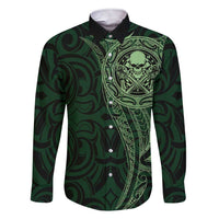 New Zealand Skull Darts Family Matching Short Sleeve Bodycon Dress and Hawaiian Shirt Aotearoa Maori Chest Tattoo Stylized Green LT14 Dad's Shirt - Long Sleeve Green - Polynesian Pride