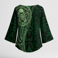 New Zealand Skull Darts Kimono Sleeve Blouse Aotearoa Maori Chest Tattoo Stylized Green - Polynesian Pride