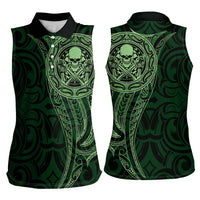New Zealand Skull Darts Women Sleeveless Polo Shirt Aotearoa Maori Chest Tattoo Stylized Green - Polynesian Pride