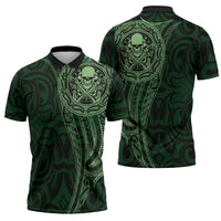 New Zealand Skull Darts Zipper Polo Shirt Aotearoa Maori Chest Tattoo Stylized Green - Polynesian Pride