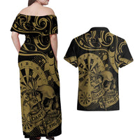 New Zealand Darts Couples Matching Off Shoulder Maxi Dress and Hawaiian Shirt Skull In Dart We Trust Maori Pattern - Polynesian Pride