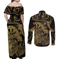 New Zealand Darts Couples Matching Off Shoulder Maxi Dress and Long Sleeve Button Shirt Skull In Dart We Trust Maori Pattern - Polynesian Pride