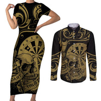 New Zealand Darts Couples Matching Short Sleeve Bodycon Dress and Long Sleeve Button Shirt Skull In Dart We Trust Maori Pattern - Polynesian Pride