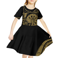 New Zealand Darts Kid Short Sleeve Dress Skull In Dart We Trust Maori Pattern - Polynesian Pride