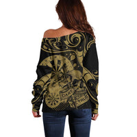 New Zealand Darts Off Shoulder Sweater Skull In Dart We Trust Maori Pattern - Polynesian Pride
