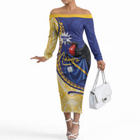 Personalised Nauru Angam Day Off The Shoulder Long Sleeve Dress Naoero Frigatebird With Flag Proud