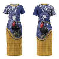 Magnificent Frigatebird Nauru Couples Matching Short Sleeve Bodycon Dress and Hawaiian Shirt Pandanus Weaving Polynesian Pattern