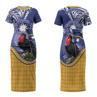 Magnificent Frigatebird Nauru Family Matching Short Sleeve Bodycon Dress and Hawaiian Shirt Pandanus Weaving Polynesian Pattern