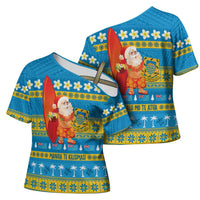 Tuvalu Christmas Cross Shoulder Shirt Cute Santa Manuia te Kilisimasi - Polynesian Pride
