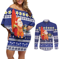 Nauru Christmas Couples Matching Off Shoulder Short Dress and Long Sleeve Button Shirt Cute Santa Coat Of Arms Merry Xmas - Polynesian Pride