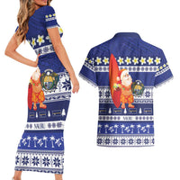 Nauru Christmas Couples Matching Short Sleeve Bodycon Dress and Hawaiian Shirt Cute Santa Coat Of Arms Merry Xmas - Polynesian Pride