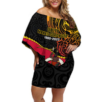 Personalised Vanuatu Unity Day Family Matching Off Shoulder Short Dress and Hawaiian Shirt 29 November Coat Of Arms With Flag Style LT14 Mom's Dress Black - Polynesian Pride