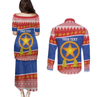 Personalized The Philippines Christmas Couples Matching Puletasi and Long Sleeve Button Shirt Pilipinas Parol - Maligayang Pasko!