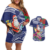 Guam Christmas Couples Matching Off Shoulder Short Dress and Hawaiian Shirt Poinsettia With Bougainvillea - Felis Pasgua! LT14 Blue - Polynesian Pride