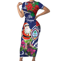 Guam Christmas Family Matching Short Sleeve Bodycon Dress and Hawaiian Shirt Poinsettia With Bougainvillea - Felis Pasgua! LT14 Mom's Dress Blue - Polynesian Pride