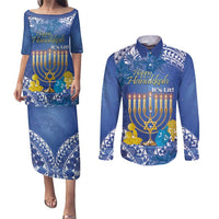 Personalised Hanukkah Jewish Festival Couples Matching Puletasi and Long Sleeve Button Shirt It's Lit - Polynesian Pattern