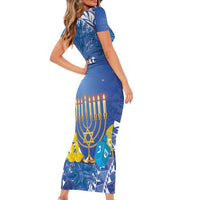 Personalised Hanukkah Jewish Festival Family Matching Short Sleeve Bodycon Dress and Hawaiian Shirt It's Lit - Polynesian Pattern