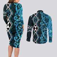 Turquoise Aotearoa Couples Matching Long Sleeve Bodycon Dress and Long Sleeve Button Shirt Taniko Motifs With Paua Shell Kowhaiwhai