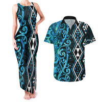 Turquoise Aotearoa Couples Matching Tank Maxi Dress and Hawaiian Shirt Taniko Motifs With Paua Shell Kowhaiwhai
