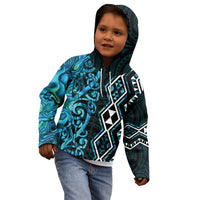 Turquoise Aotearoa Kid Hoodie Taniko Motifs With Paua Shell Kowhaiwhai