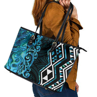 Turquoise Aotearoa Leather Tote Bag Taniko Motifs With Paua Shell Kowhaiwhai