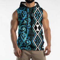 Turquoise Aotearoa Sleeveless Hoodie Taniko Motifs With Paua Shell Kowhaiwhai LT14 - Polynesian Pride