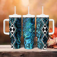 Turquoise Aotearoa Tumbler With Handle Taniko Motifs With Paua Shell Kowhaiwhai