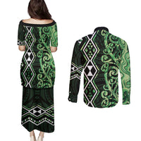 Green Aotearoa Couples Matching Puletasi and Long Sleeve Button Shirt Taniko Motifs With Paua Shell Kowhaiwhai